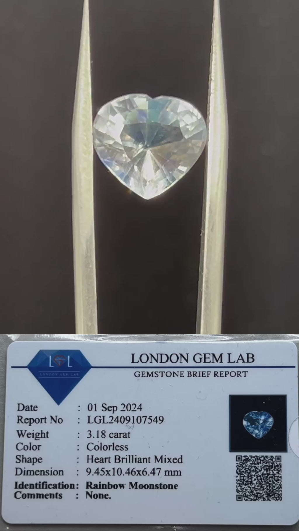Natural Rainbow Moonstone | 3.18ct | Heart Shape | GIA Alumni Lab Report Included
