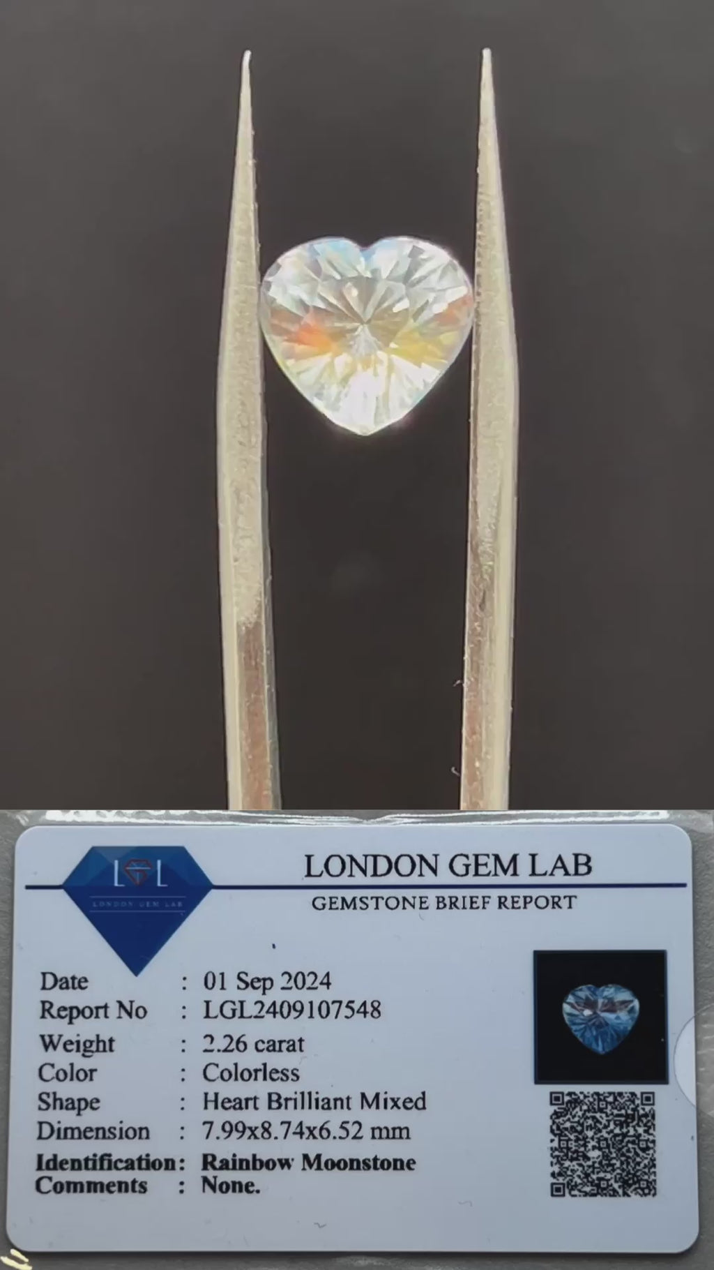 Natural Rainbow Moonstone | 2.26 ct
| Colorless | Shape: Heart Brilliant Mixed | GIA alumni Certificate provided